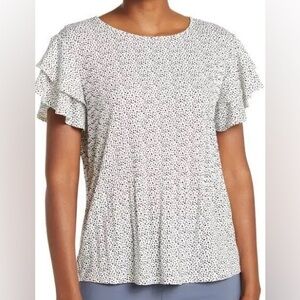 Adrianna Papell Pleated Knit Ruffle Sleeve White Top with Micro Dot Pattern